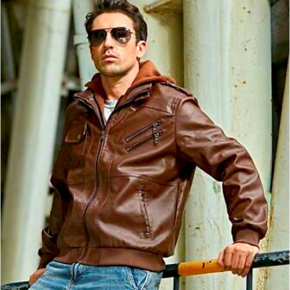 Faux Leather motorcycle Jacket with removable hood see measurements
